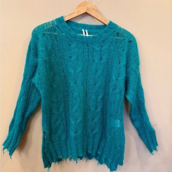 Anthropologie Women’s Sweater Sheer Teal Cable Knit Open Weave Size Small Cozy - Picture 3 of 11